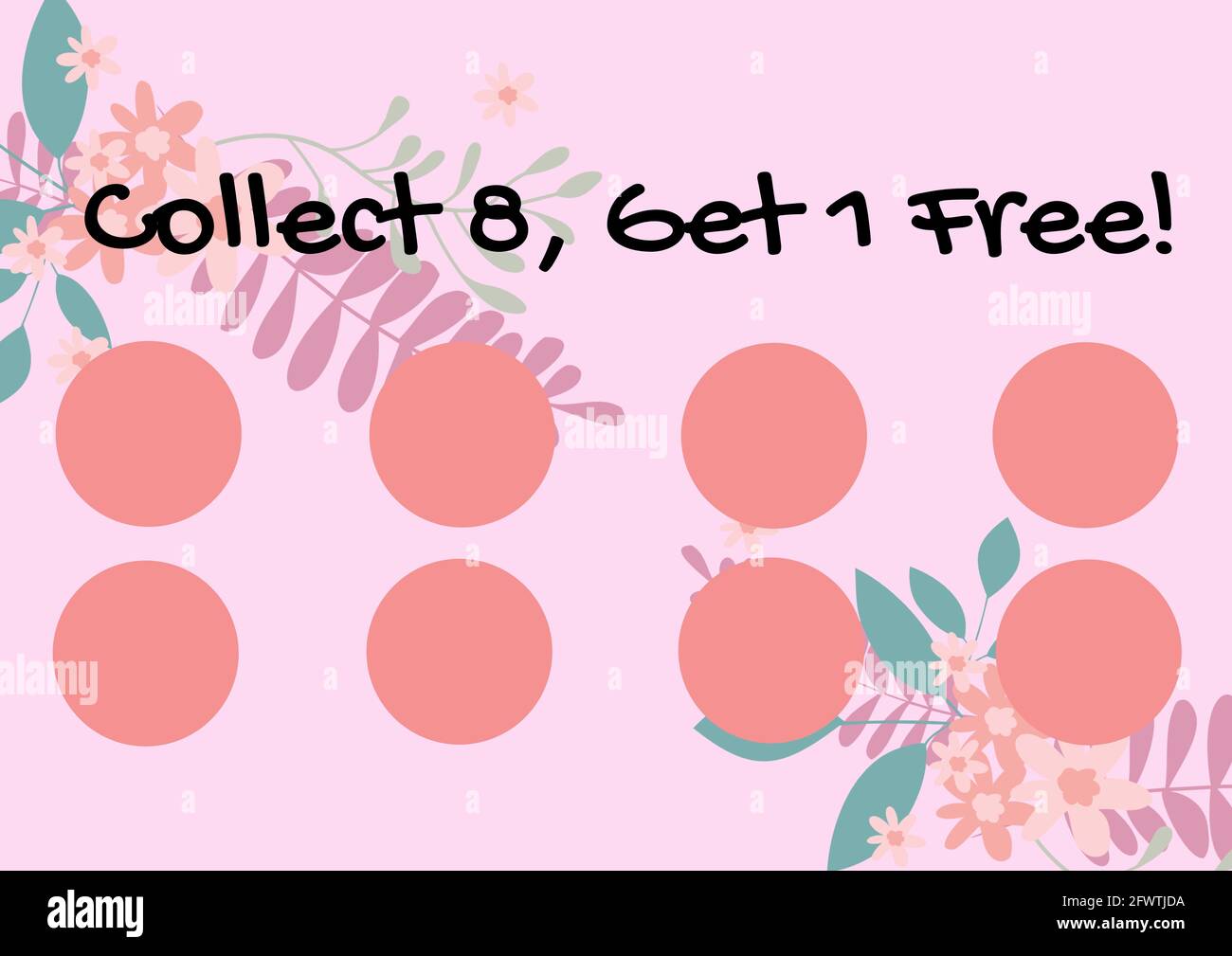 Composition of collect 8 get 1 free text with eight dots for loyalty stamps with flowers Stock Photo