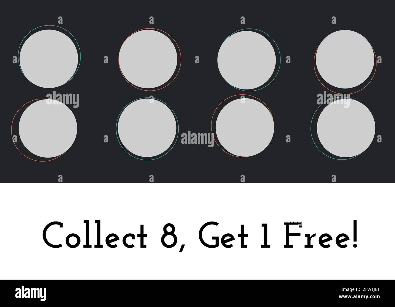 Composition of collect 8 get 1 free text with eight dots for loyalty stamps on black Stock Photo