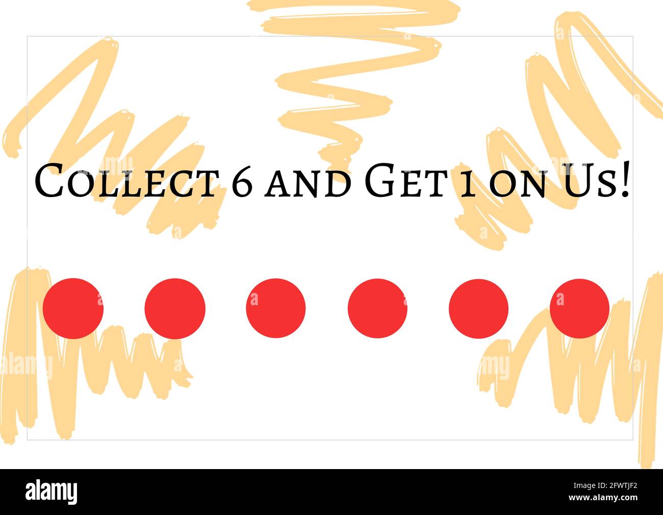 Composition of collect 6 get 1 on us text with six dots for loyalty stamps with squiggles Stock Photo