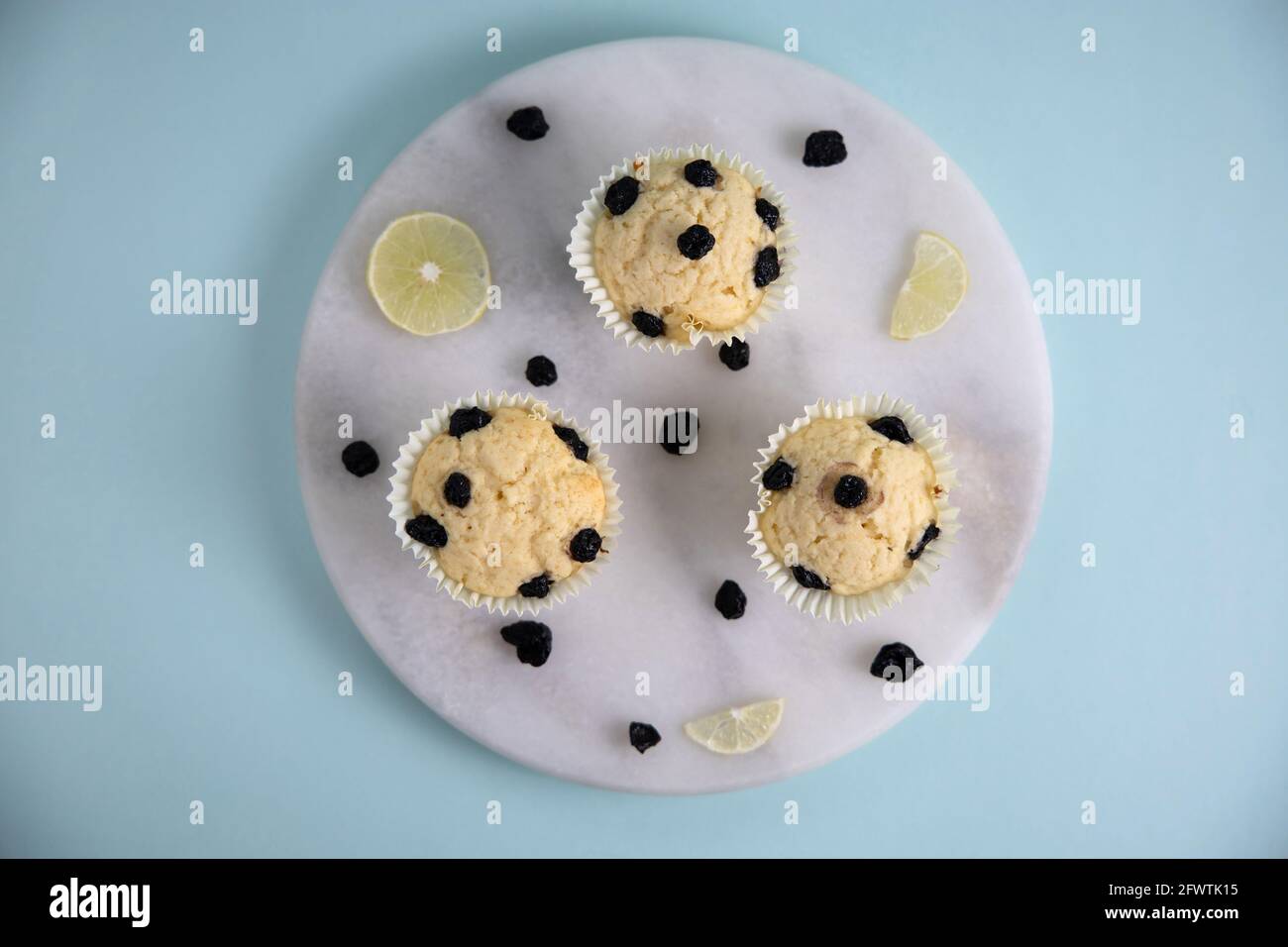 Three Blueberry Cupcakes on a Light Blue Backdrop Stock Photo