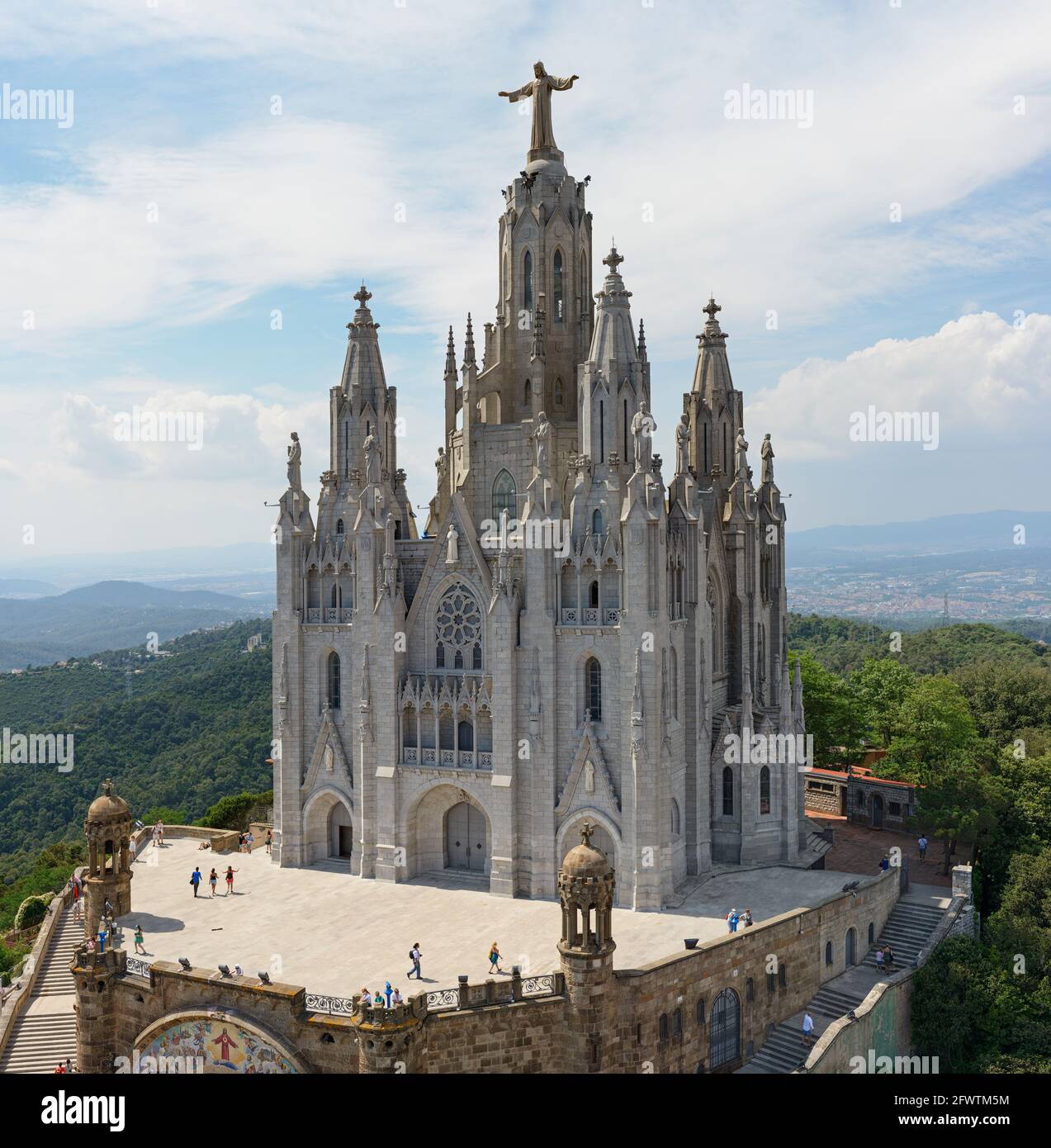 View of upper church Sagrat Cor (Sacred Heart of Jesus) Temple from lower observation deck on basilica top, Tibidabo mountain, Barcelona, Catalonia. Stock Photo