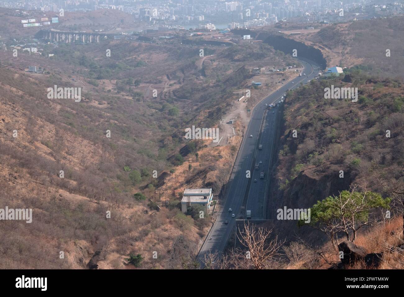 Pune Bangalore highway seen from ahill near Katraj, Pune, India Stock Photo