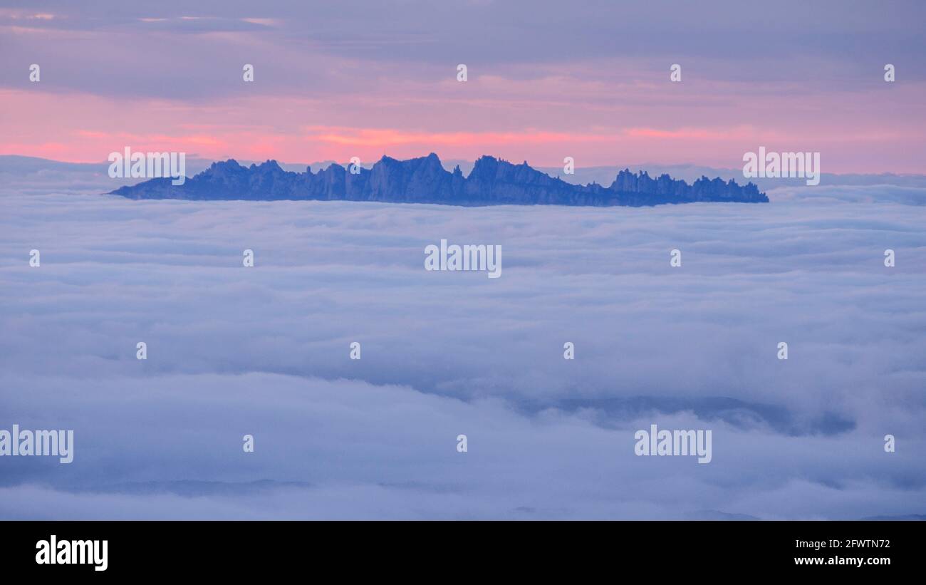 Montserrat mountain above a sea of clouds, seen from the Figuerassa viewpoint (Berguedà, Barcelona, Catalonia, Spain, Pyrenees) Stock Photo