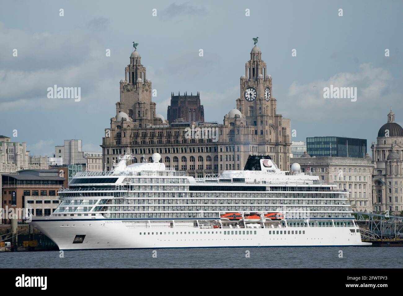 Liverpool, UK, 24th May 2021. The Viking Venus a brand new ship will leaves Liverpool after her first visit to the city launch the cruise season. Liverpool Cruise Terminal is expecting around 80 cruise ships as lockdown restrictions ease. Credit: Jon Super/Alamy Live News. Stock Photo