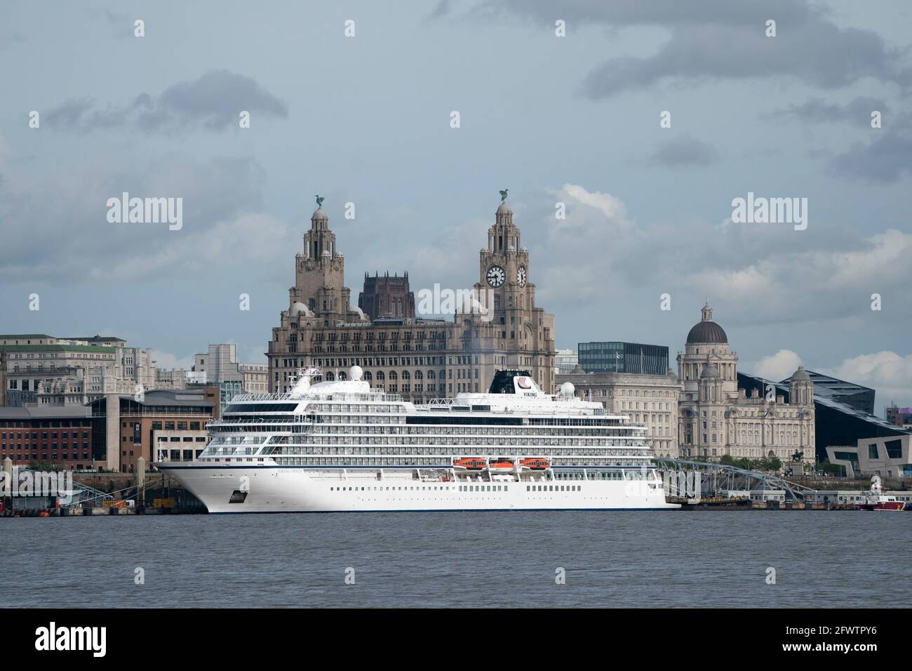 Liverpool, UK, 24th May 2021. The Viking Venus a brand new ship will leaves Liverpool after her first visit to the city launch the cruise season. Liverpool Cruise Terminal is expecting around 80 cruise ships as lockdown restrictions ease. Credit: Jon Super/Alamy Live News. Stock Photo