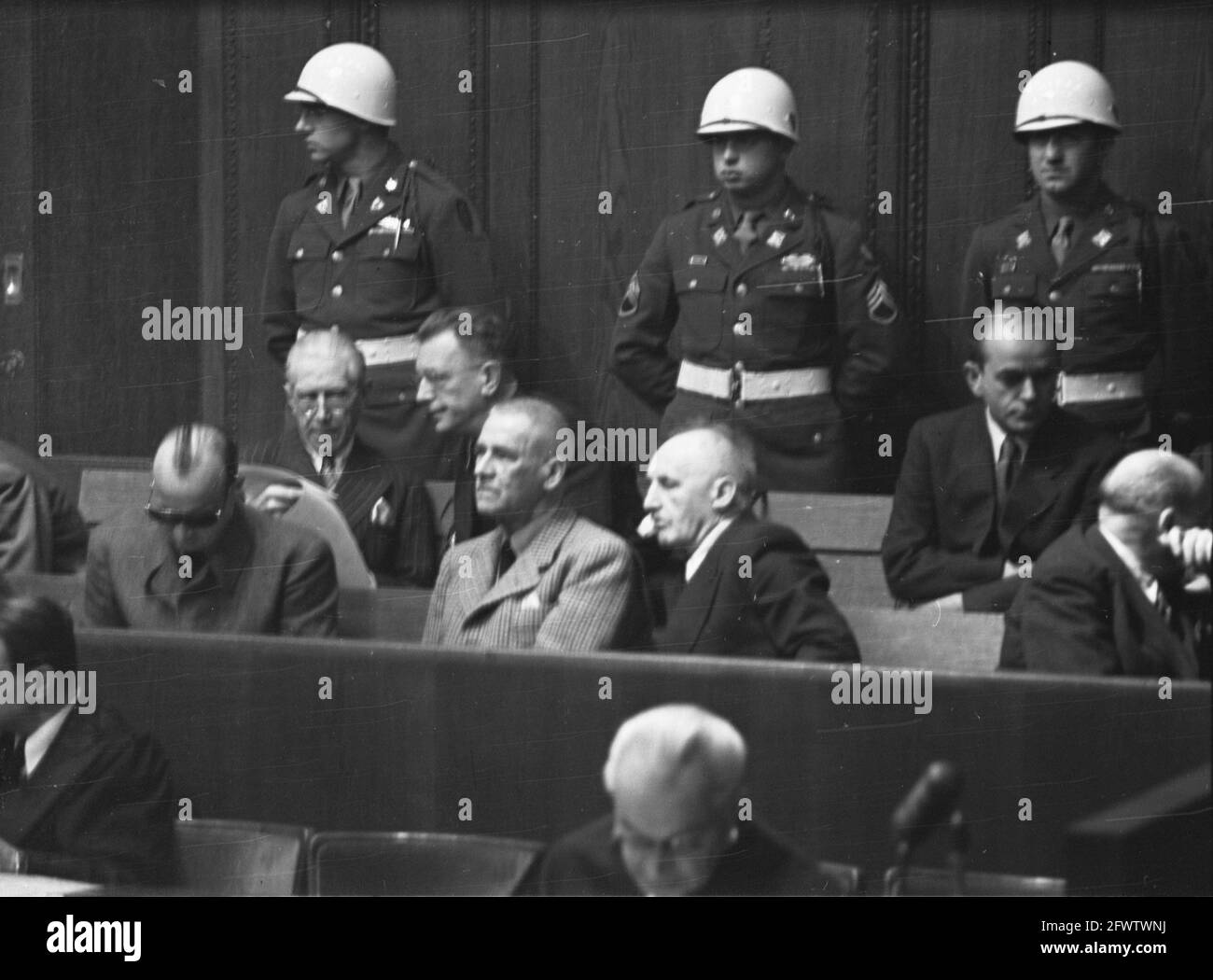 Nuremberg Trial. Back row Von Papen, Seyss Inquart, Speer, in front row Franck, Frick and Streicher, December 4, 1945, war criminals, trials, justice, second world war, The Netherlands, 20th century press agency photo, news to remember, documentary, historic photography 1945-1990, visual stories, human history of the Twentieth Century, capturing moments in time Stock Photo