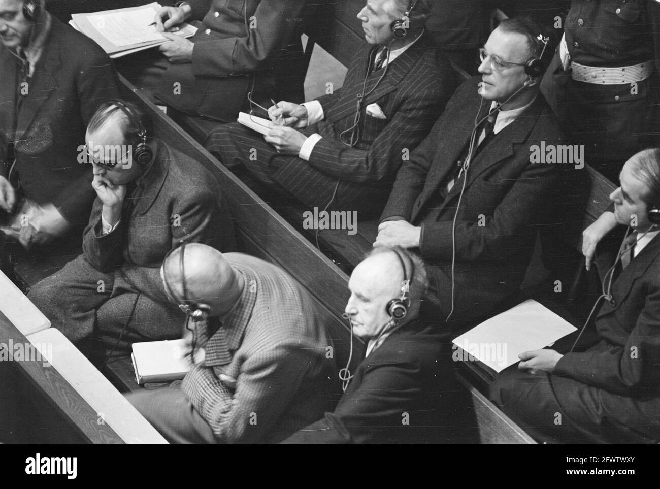 Nuremberg Trial. Defendants; with glasses Arthur Seyss-Inquart, on right next to him Albert Speer, December 4, 1945, war criminals, trials, justice, World War II, The Netherlands, 20th century press agency photo, news to remember, documentary, historic photography 1945-1990, visual stories, human history of the Twentieth Century, capturing moments in time Stock Photo
