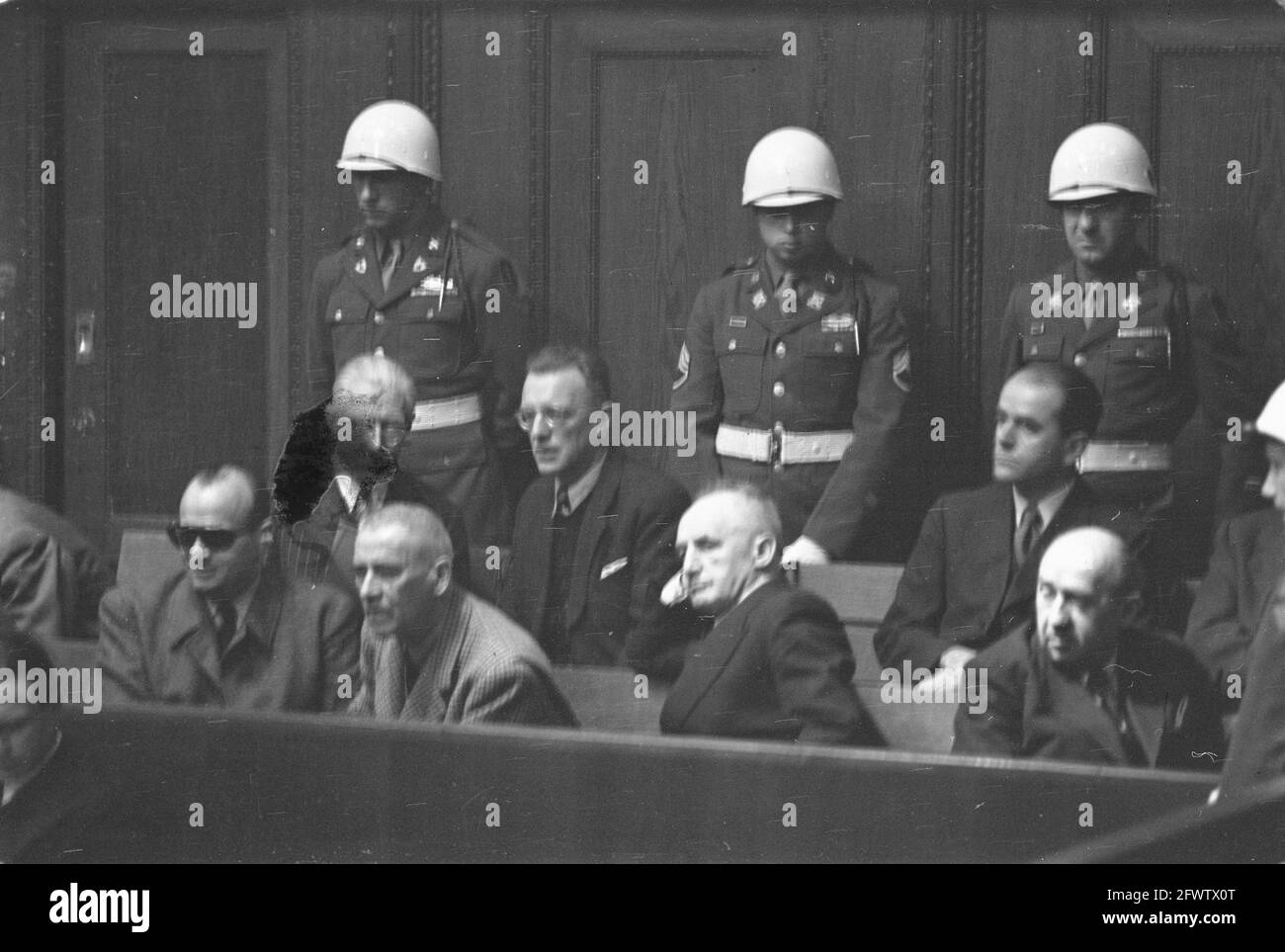 Nuremberg Trial. The defendants. Back row; Von Papen, Seyss-Inquart, Speer. Front row Franck, Frick, Streicher and Funck, December 4, 1945, war criminals, trials, justice, second world war, The Netherlands, 20th century press agency photo, news to remember, documentary, historic photography 1945-1990, visual stories, human history of the Twentieth Century, capturing moments in time Stock Photo