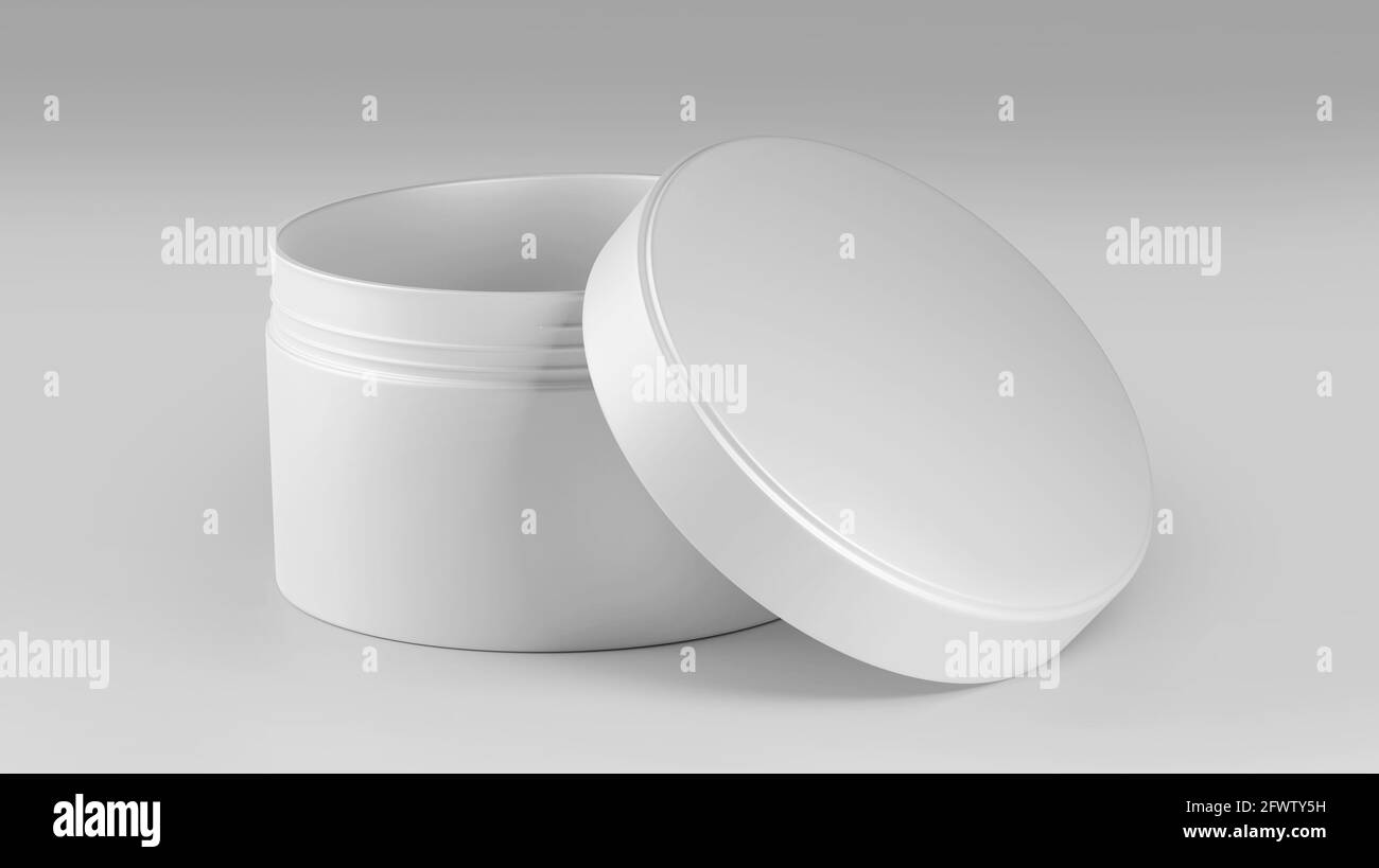 White Plastic Cosmetic Jar Mockup, Blank beauty make-up Container 3D Rendering isolated on light background Stock Photo