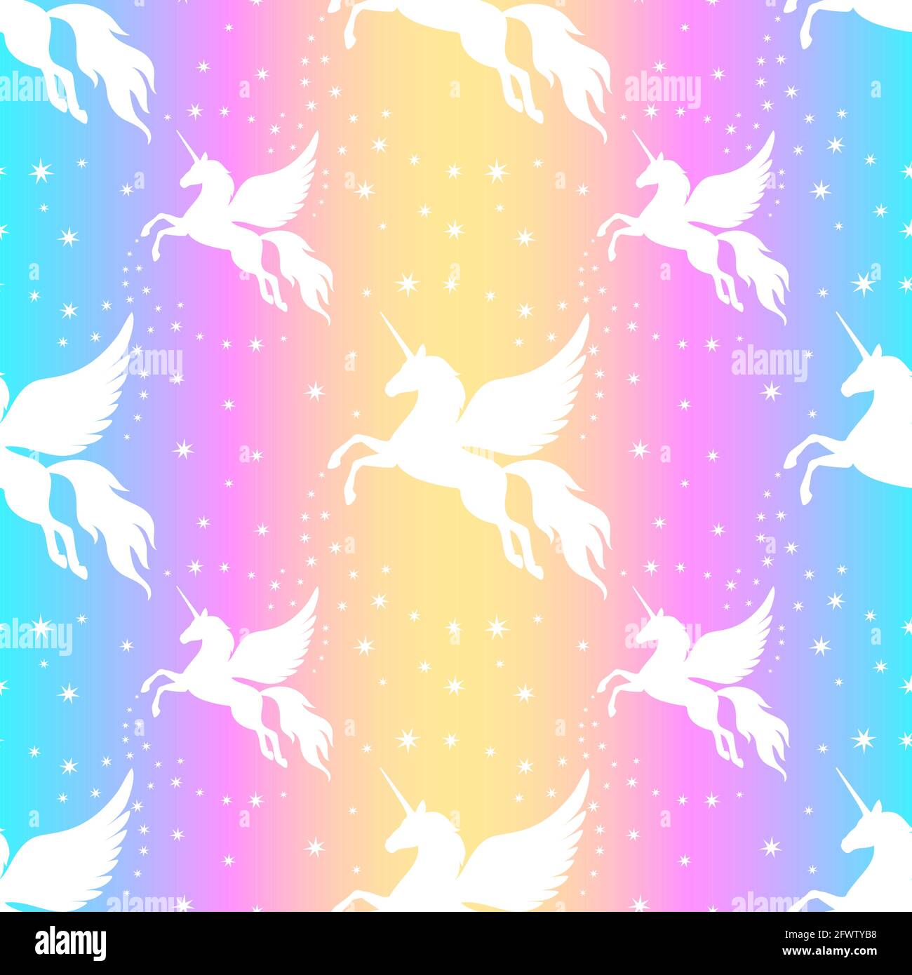 Winged unicorn and stars seamless pattern. Silhouette of a flying ...