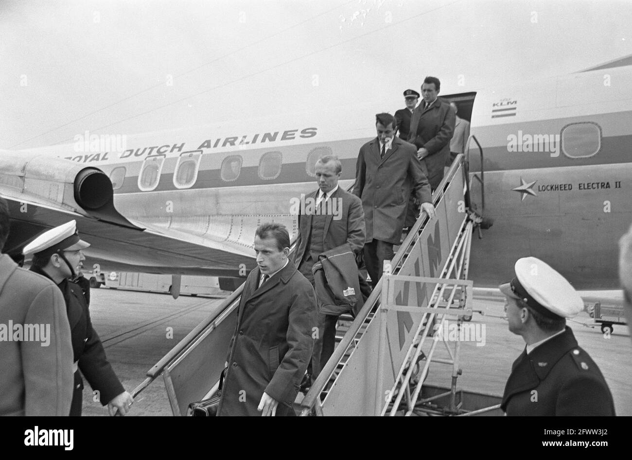 Arrival Dukla Prague at Schiphol, 27 February 1967, arrivals and departures, footballers, The Netherlands, 20th century press agency photo, news to remember, documentary, historic photography 1945-1990, visual stories, human history of the Twentieth Century, capturing moments in time Stock Photo