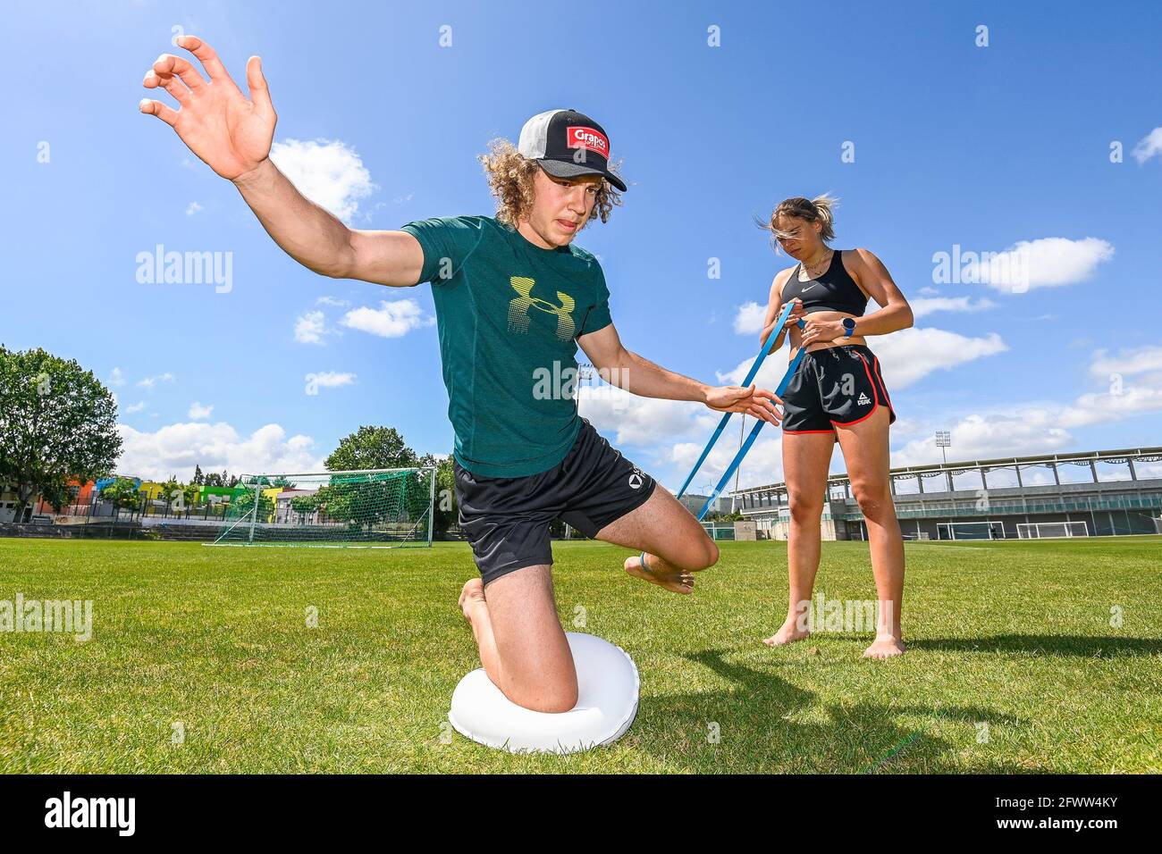 Belgian skier Sam Maes and Belgian skier Kim Vanreusel pictured during a training camp organized by the BOIC - COIB Belgian Olympic Committee, with at Stock Photo