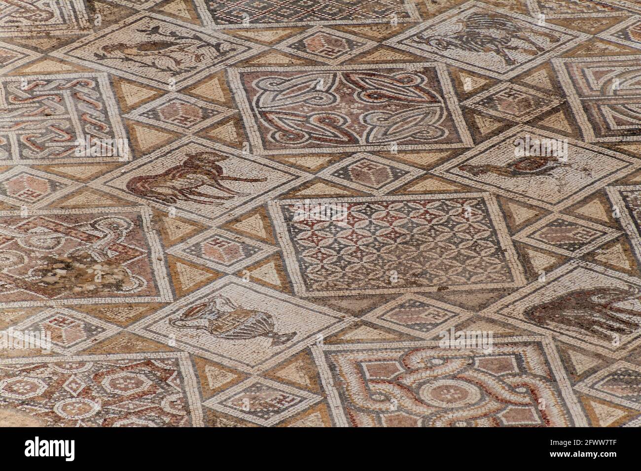 Mosaics at the church of Saints Cosmas and Damianus ruins at the ancient city Jerash, Jordan Stock Photo