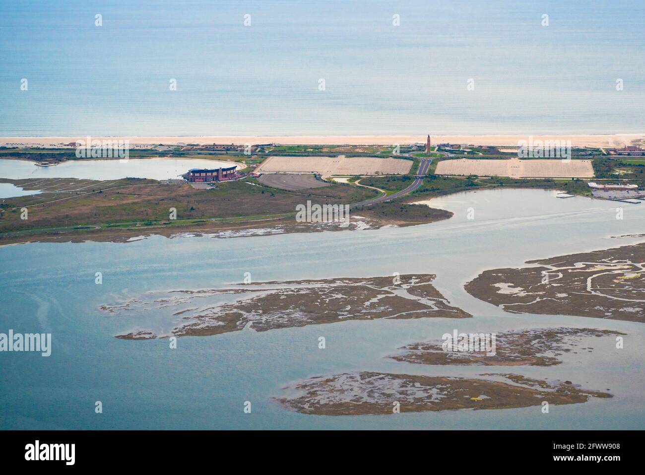 Jones Inlet Aerial view over Nassau County on Long Island New York with historic ...