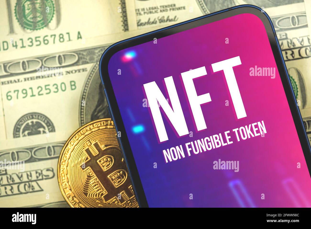 Concept of nft non fungible token with bitcoin, crypto currency and  cryptoart background with logo on the screen of modern mobile phone,  business Stock Photo - Alamy