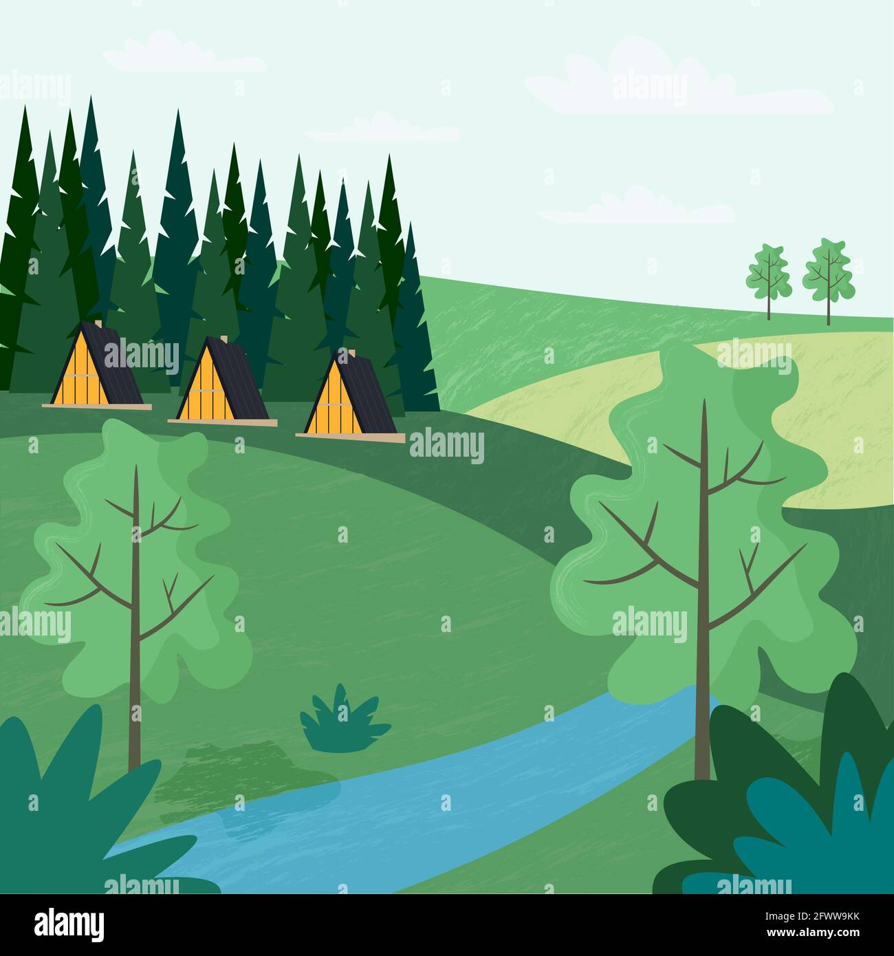 Spring or summer landscape with forest and trees and cute hotel house. Vector illustration in flat style Stock Vector