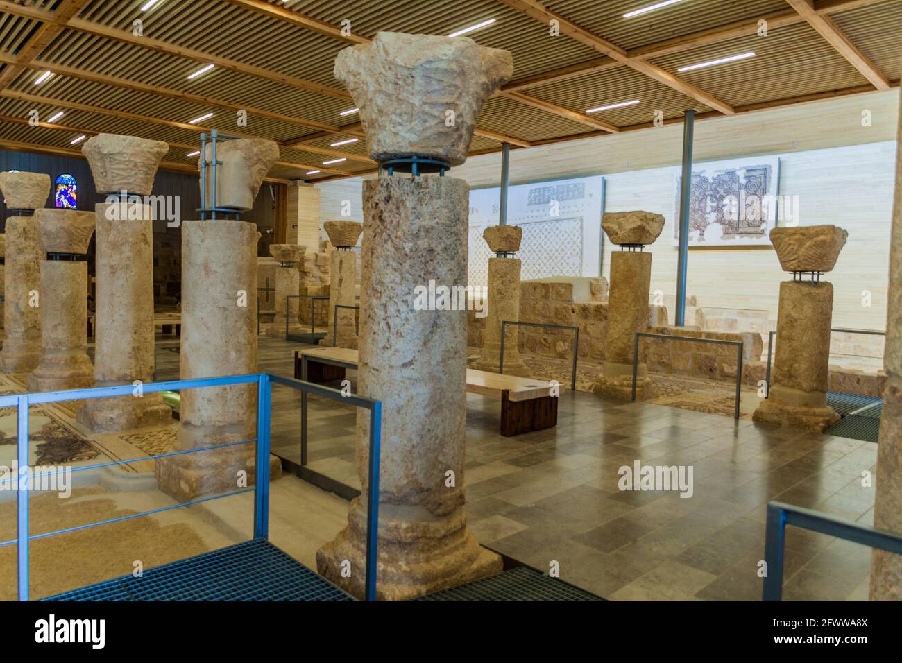 MOUNT NEBO, JORDAN - MARCH 21, 2017: Interior of the Moses Memorial church at the Mount Nebo mountain. Stock Photo