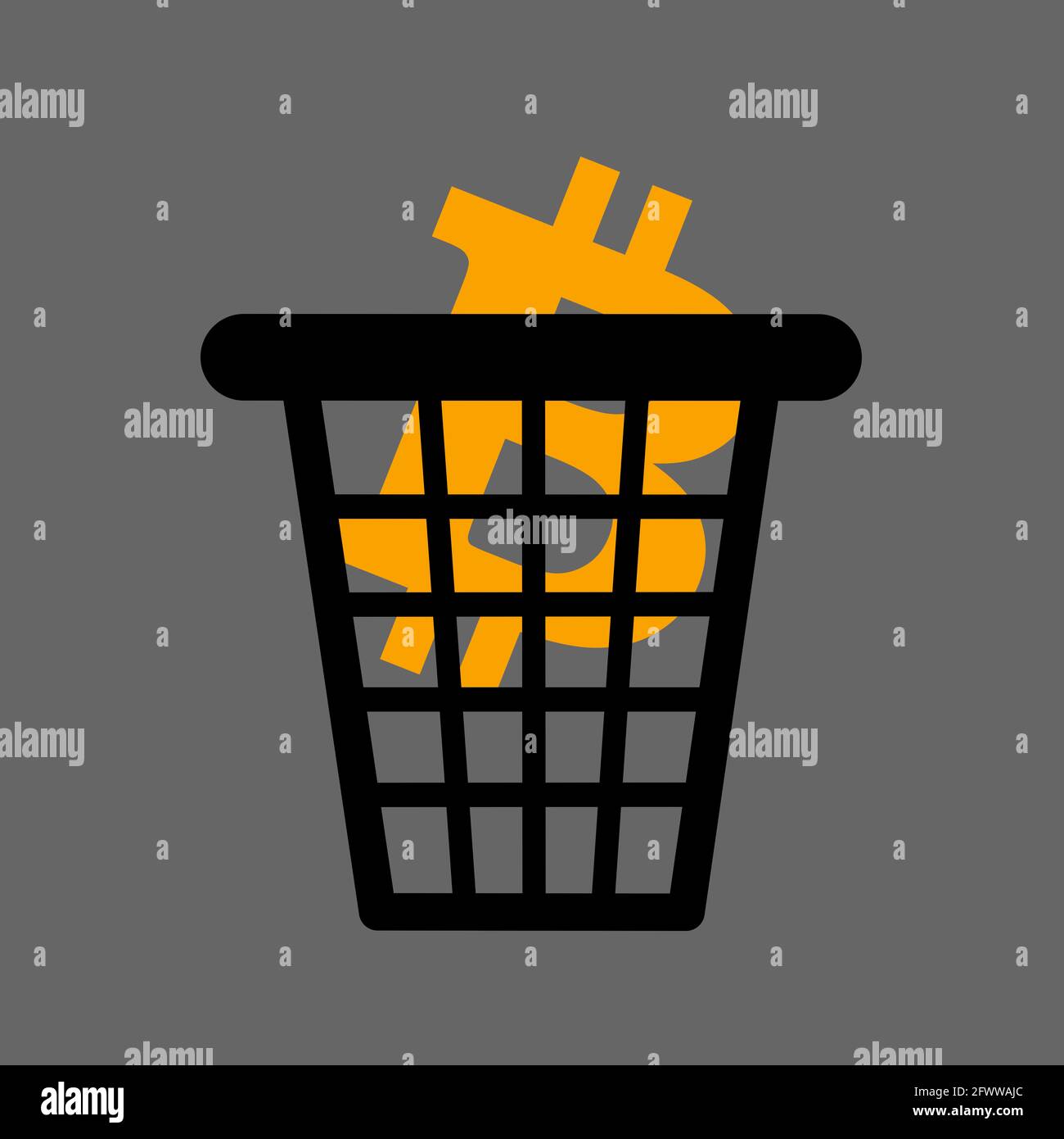 Bitcoin in the dustbin as metaphor of devaluation, decay and plunge of worthless crypto and cryptocurrency. Vector illustration. Stock Photo