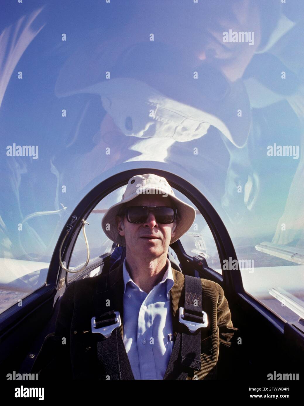 Paul MacCready; seen here piloting a sailplane; was in a league of his own as inventors go.??Inventor of the Gossamer Condor & Albatross; (twice winner of Kremer prizes);??a wing-flapping flying scale model of a Pterosaur; among many unique creations. Stock Photo