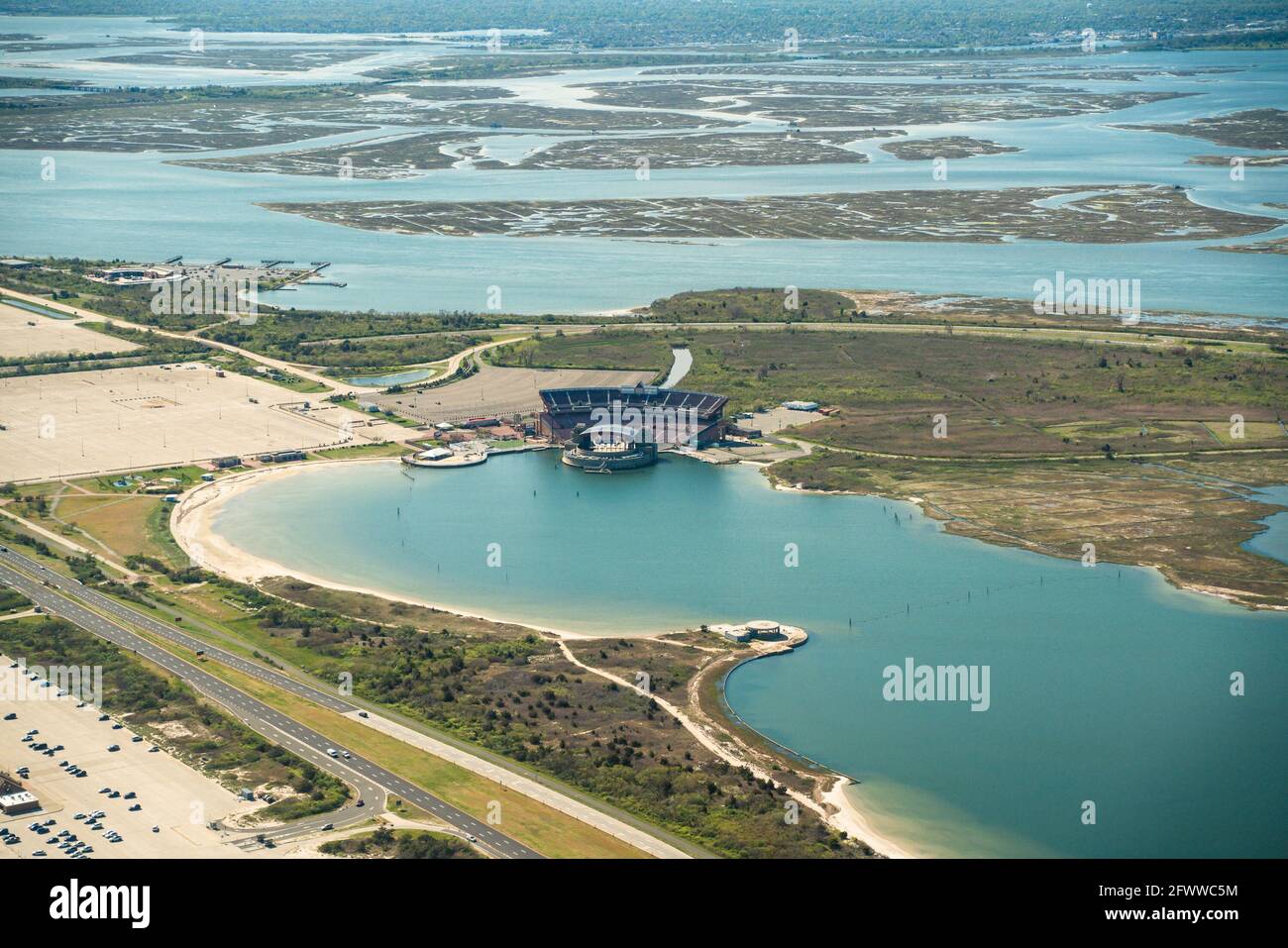 Aerial view of Long Island New York at Jones Beach State Park with