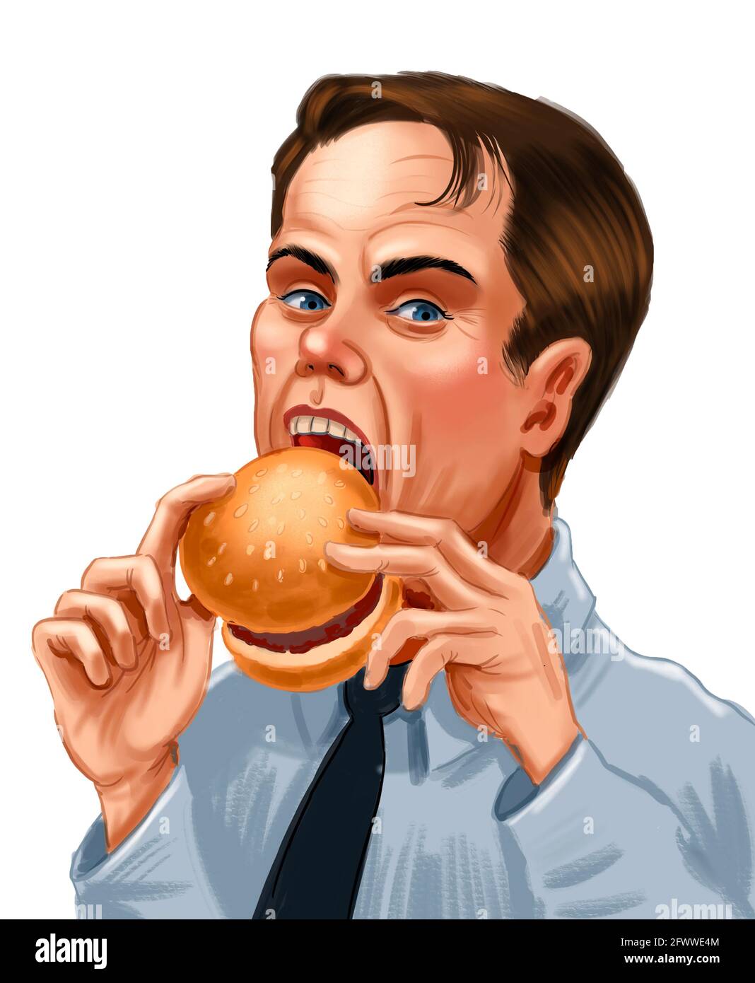 Happy man eating a cheeseburger. Digital drawing Stock Photo