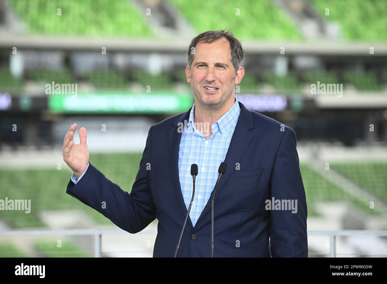 Austin Texas USA, May 24 2021: Austin FC president Andy Loughnane announcess that declining pandemic numbers will allow 100% stadium capacity for Austin's Major League Soccer opening game next month. The new stadium will host the U.S. Soccer Women's National Team in a friendly with Nigeria on June 16th, 2021. Credit: Bob Daemmrich/Alamy Live News Stock Photo