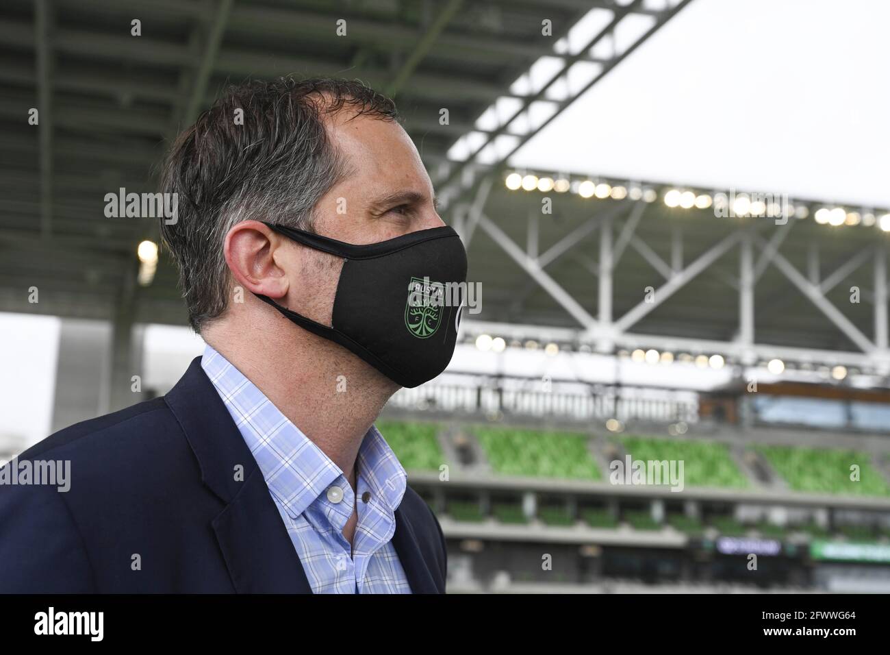 Austin, Texas USA, May 24 2021: Austin FC president ANDY LOUGHNANE looks over the nearly completed Q2 stadium where the new Major League Soccer team will play its home opening game next month. Credit: Bob Daemmrich/Alamy Live News Stock Photo