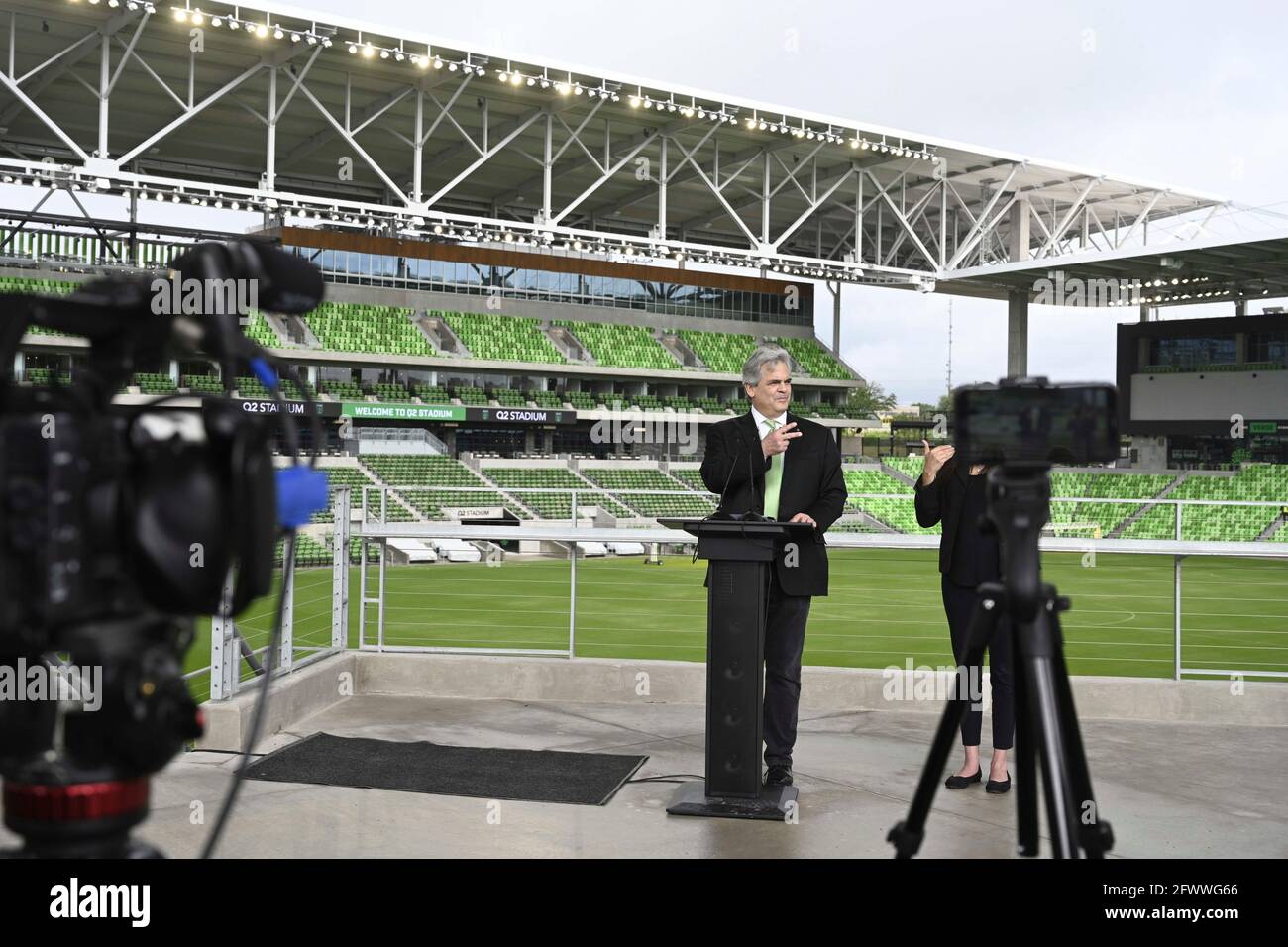 Austin Texas USA, May 24 2021: During a press conference, Austin FC officials including Mayor STEVE ADLER announce that declining pandemic numbers will allow 100% stadium capacity for Austin's Major League Soccer opening game next month. The stadium will host the U.S. Soccer Women's National Team in a friendly with Nigeria on June 16th, 2021. Credit: Bob Daemmrich/Alamy Live News Stock Photo