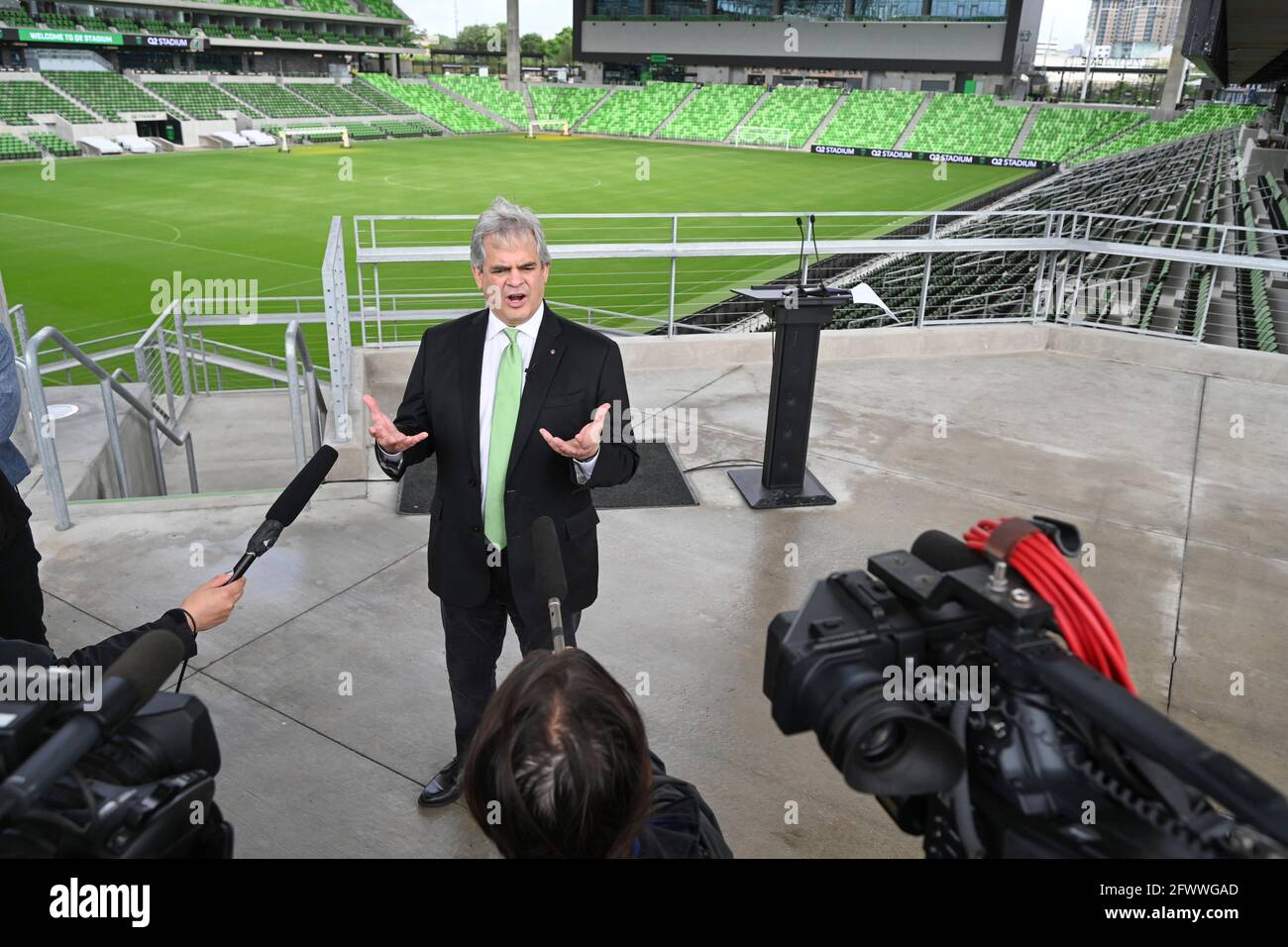 Austin Texas USA, May 24 2021: During a press conference, Austin FC officials and Mayor STEVE ADLER announce that declining pandemic numbers will allow 100% stadium capacity for Austin's Major League Soccer opening game next month. The stadium will host the U.S. Soccer Women's National Team in a friendly with Nigeria on June 16th, 2021. Credit: Bob Daemmrich/Alamy Live News Stock Photo