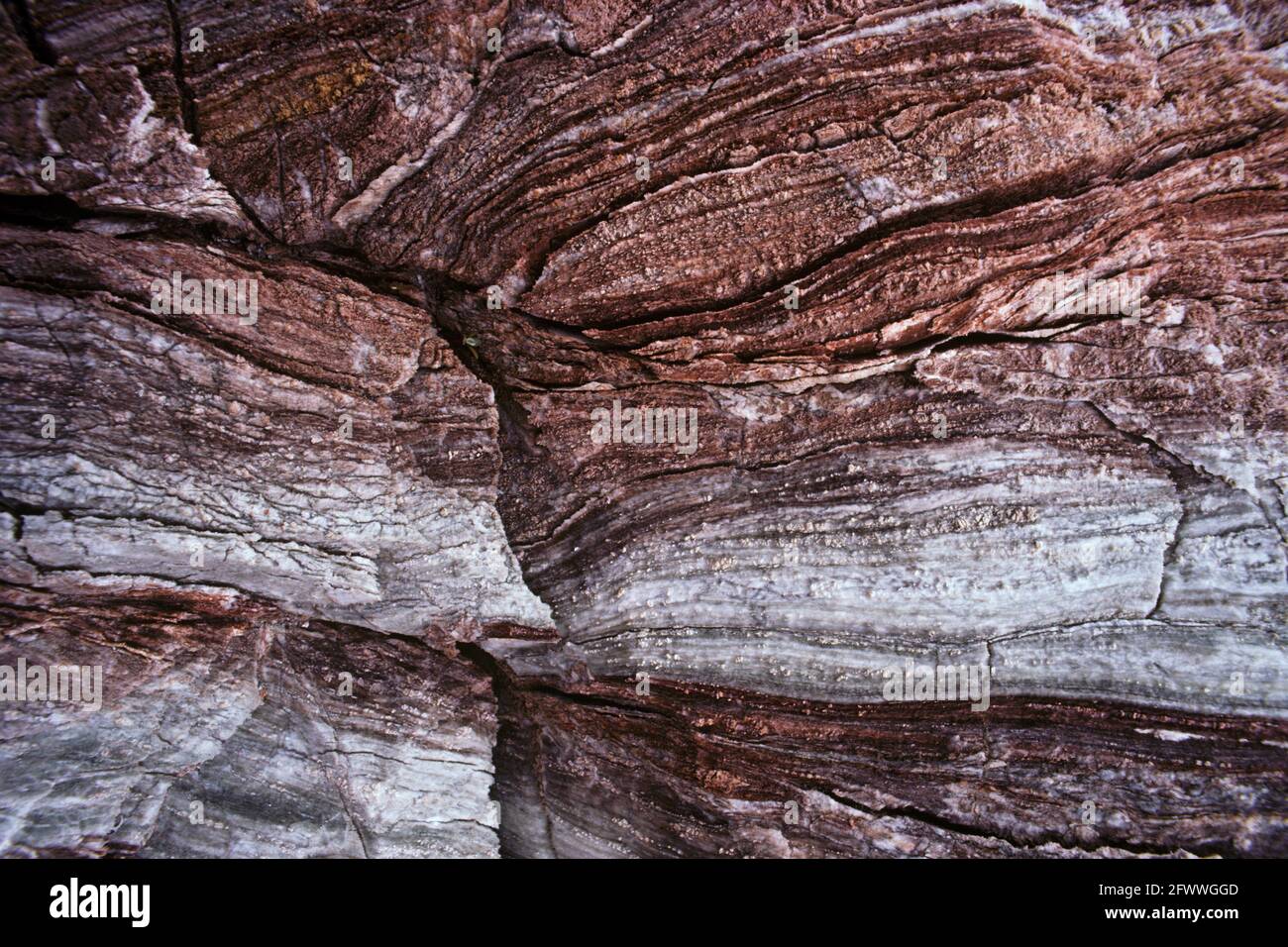 Limestone rock formation shows tectonic deformation; alteration and erosion in the Argus Range; California Stock Photo