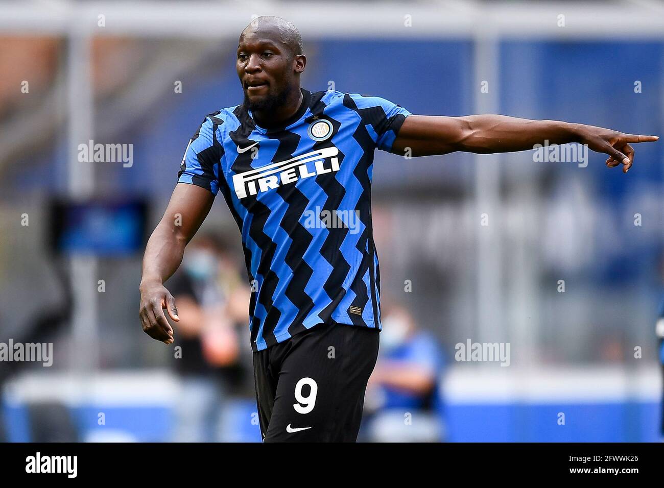 Milan, Italy. 23 May 2021. Romelu Lukaku of FC Internazionale gestures during the Serie A football match between FC Internazionale and Udinese Calcio. FC Internazionale won 5-1 over Udinese Calcio. Credit: Nicolò Campo/Alamy Live News Stock Photo