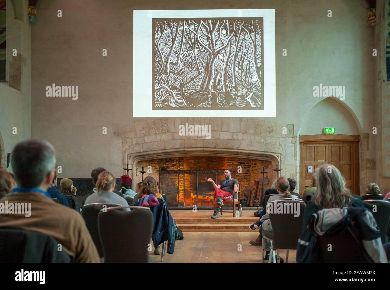 Nick Hayes giving a talk in The Great Hall at Dartington in Devon UK Stock Photo