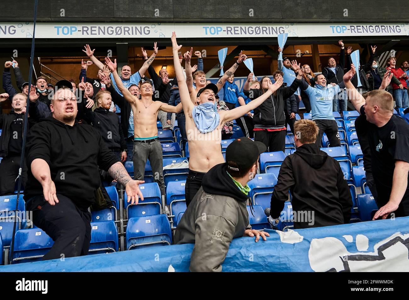 Randers, Denmark. 24th May, 2021. Football fans of Randers FC seen in the stands during the 3F Superliga match Randers FC and FC Copenhagen at Cepheus Park in (Photo Credit: