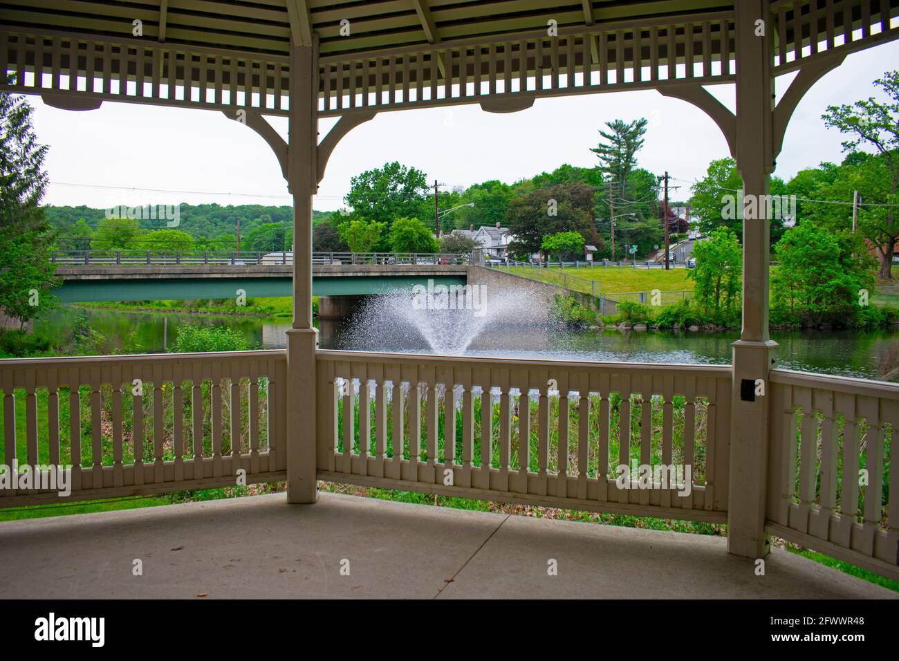 Water fountain in Grace Lord Park in Boonton, New Jersey, viewed from a nearby gazebo 04 Stock