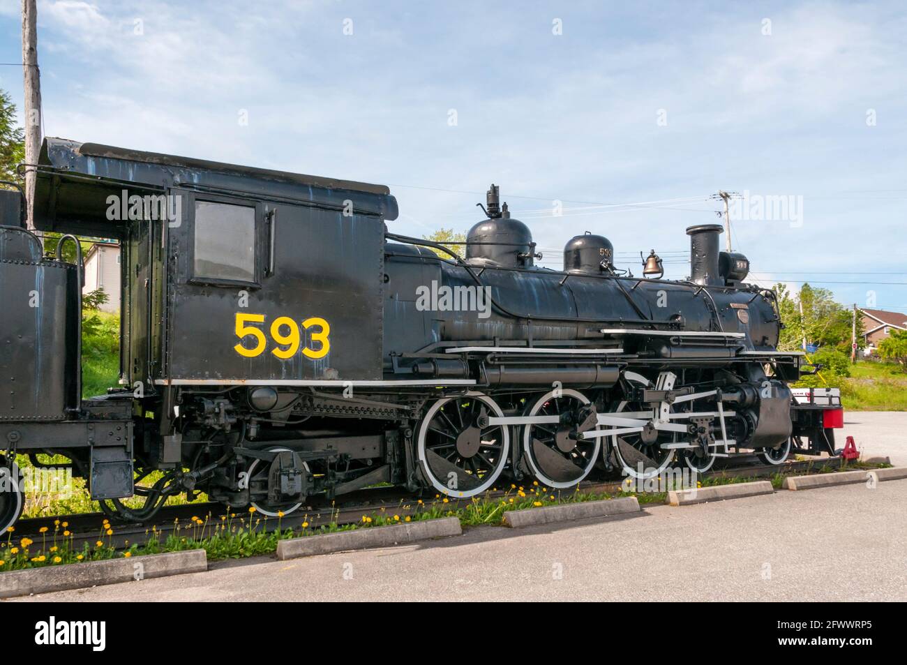 Baldwin steam locomotive 593 known as the Newfie Bullet preserved in Corner Brook, Newfoundland. Stock Photo