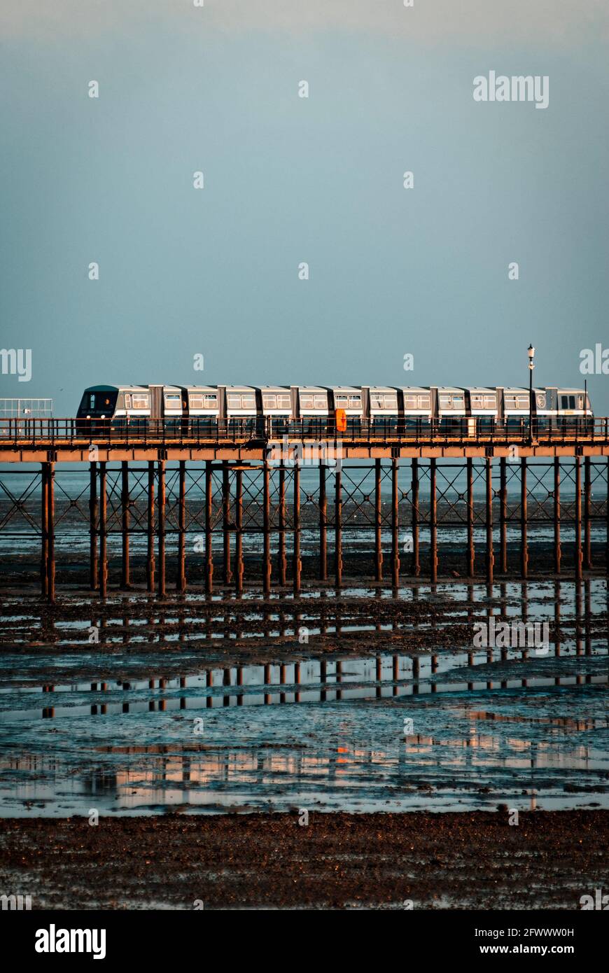 Southend Pier, The longest pier in the world at 1.34 miles or 2.16 km reaching out into the Thames Estuary, Southend-on-Sea, Essex, Britain Stock Photo