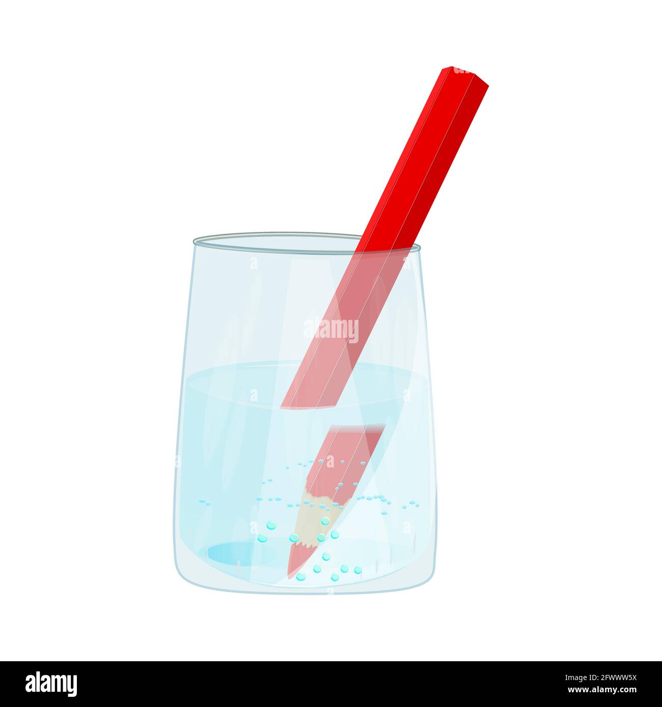 Refraction of light. Water causes light to deflect. Glass with water and pencil. Optic lens effect and change of angle. Physics experiment. Vector Stock Vector