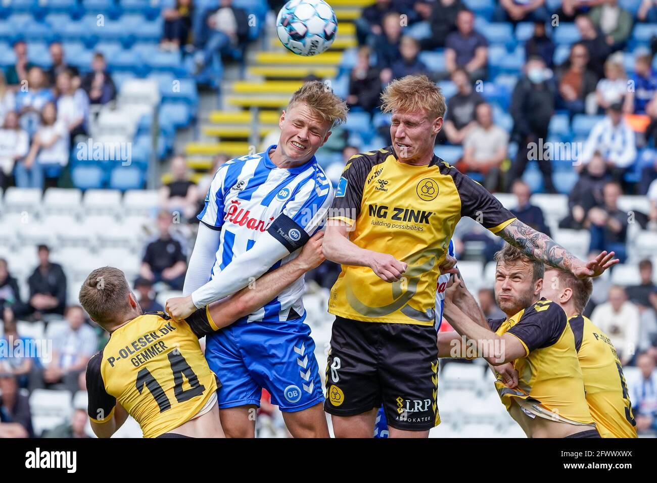 Odense, Denmark. 24th May, 2021. Bjarke Jacobsen (8) of AC Horsens and  Jeppe Tverskov (6) of Odense Boldklub seen during the 3F Superliga match  between Odense Boldklub and AC Horsens at Nature