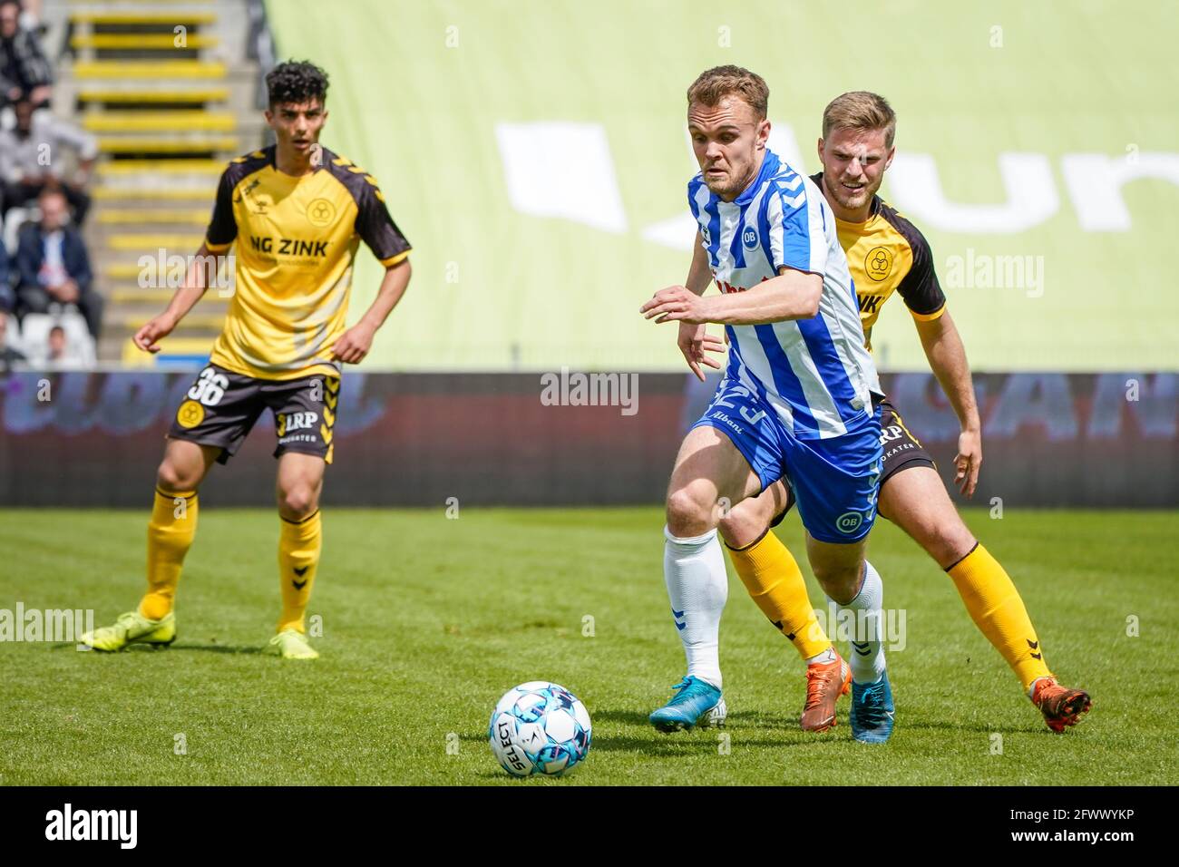 Odense, Denmark. 24th May, 2021. Troels Klove (23) of OB and Jonas (14) AC Horsens seen during the 3F Superliga match between Odense Boldklub and AC Horsens at Nature Energy Park
