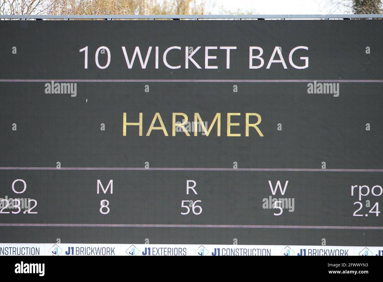 The scoreboard shows that Simon Harmer has taken 10 wickets in the match during Essex CCC vs Durham CCC, LV Insurance County Championship Group 1 Cric Stock Photo