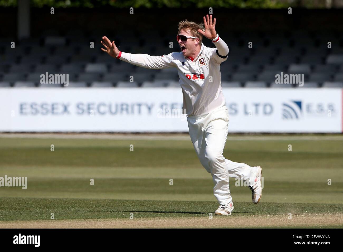 Simon Harmer of Essex claims the wicket of Scott Borthwick during 