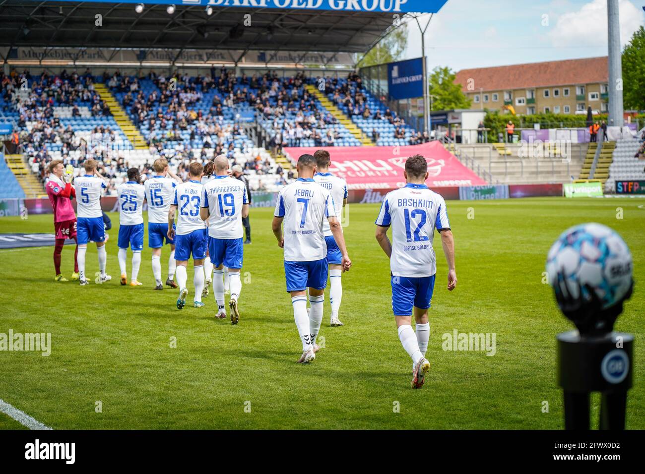 Odense, Denmark. 24th May, 2021. The players OB the pitch for the 3F Superliga match between Odense Boldklub and AC at Nature Energy Park Odense. (Photo Credit: Gonzales