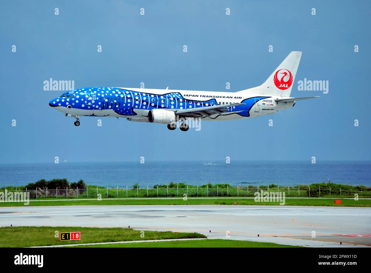 Japan Transocean Air, JTA, Boeing B-737/400, JA8939, Blue Whaleshark, Landing, Naha Airport, Naha, Okinawa, Ryukyu Islands, Japan Stock Photo