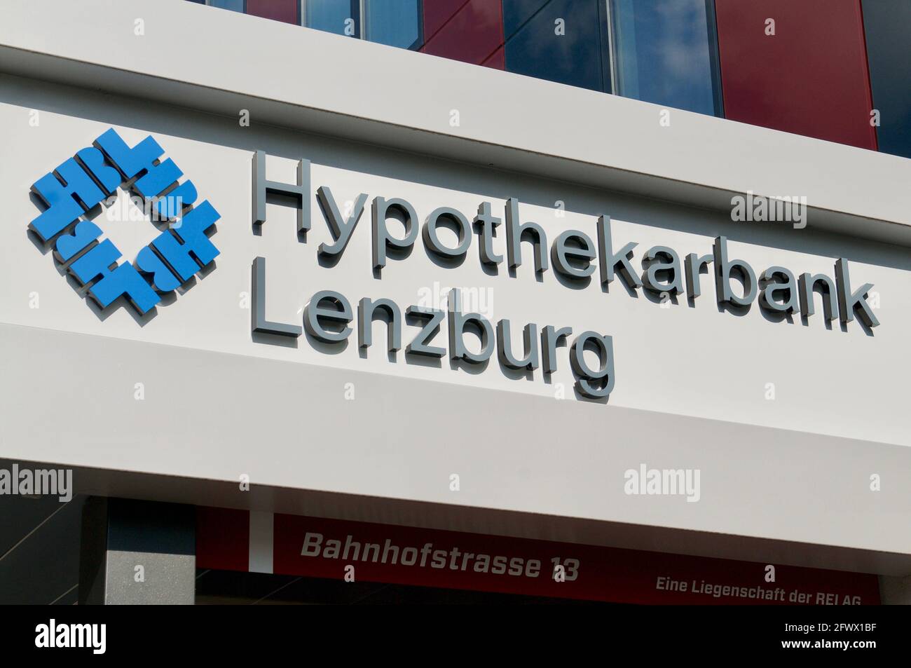 Wohlen, Aargau, Switzerland - 15th April 2021 : HBL Hypothekarbank Lenzburg Bank sign hanging at the building in Wohlen, Switzerland. HBL is one of th Stock Photo
