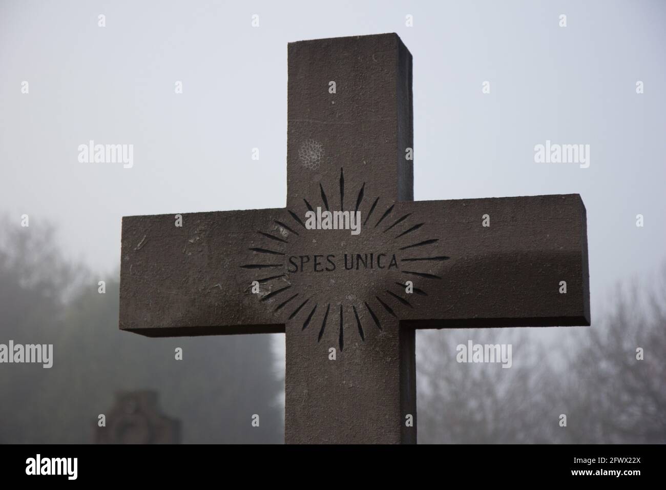 Valenciennes, France, 2017/01/02. Cross on a tombstone with the inscription 'Spes unica' meaning 'The only hope' in the fog at Saint Roch cemetery. Stock Photo