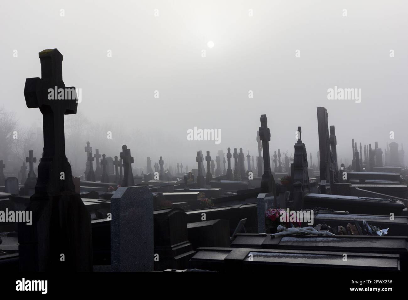 Valenciennes, France, 2017/01/02. Tombs with crosses in the fog at Saint Roch cemetery. Stock Photo
