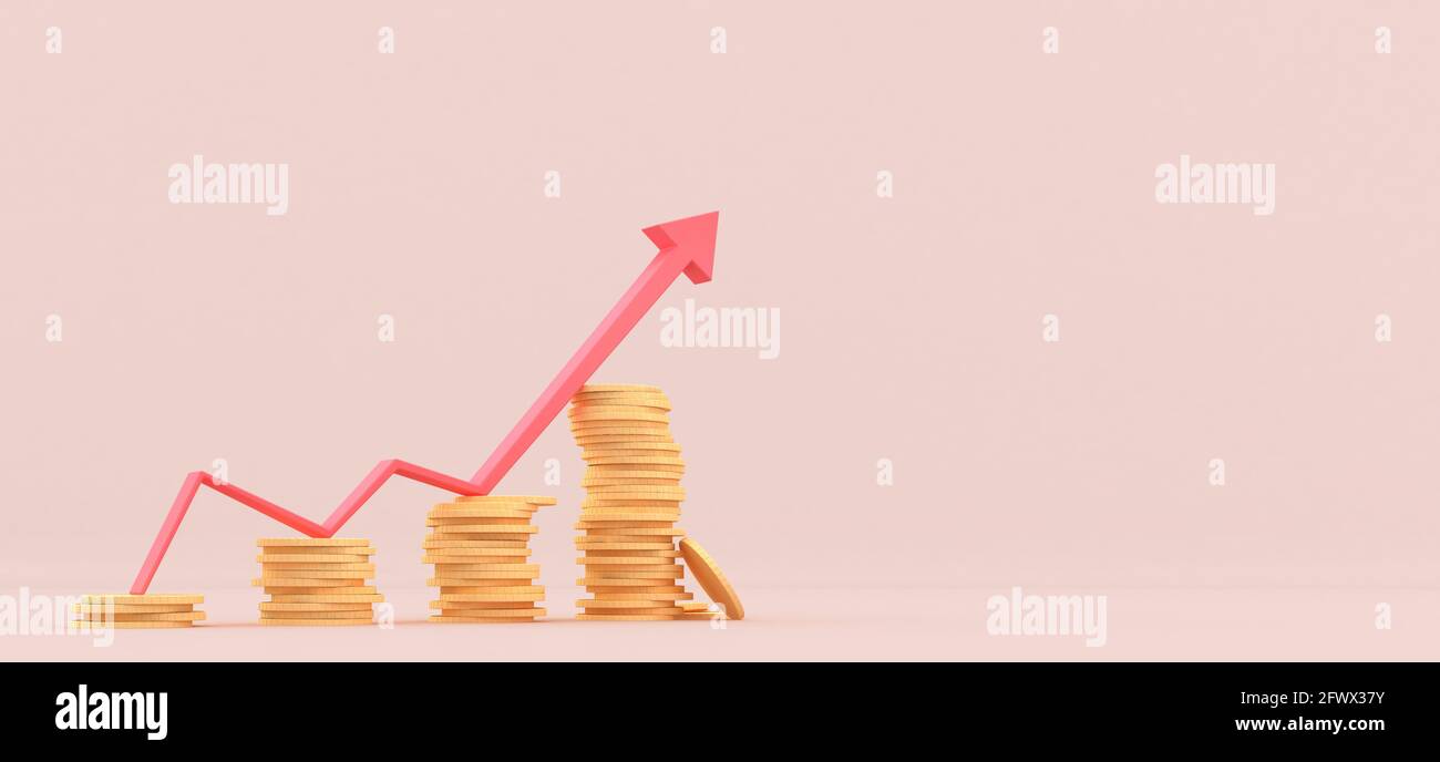 Growing bars graphic with rising arrow.  Stocks, investment, finance concepts 3d illustration. Stock Photo