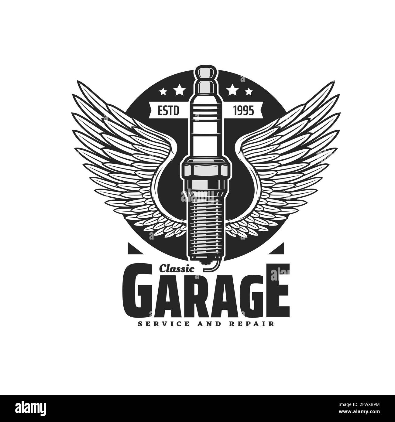 Spark plug symbol with wings, monochrome vector emblem for classic garage service and repair station. Winged automobile candle, gasoline internal comb Stock Vector