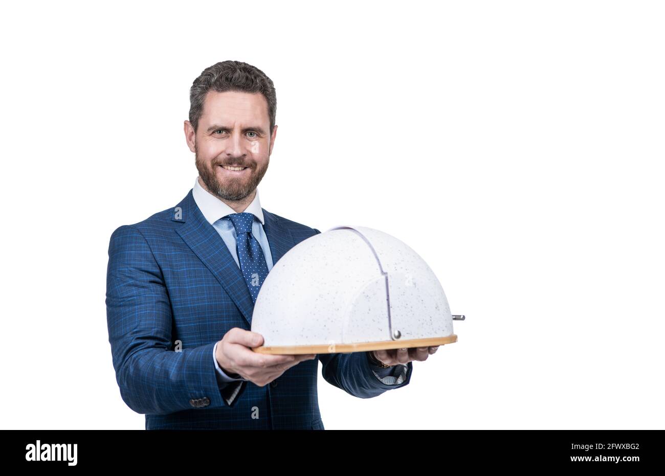 professional restaurant manager with cloche. secret of success. businessperson hold main dish. Stock Photo