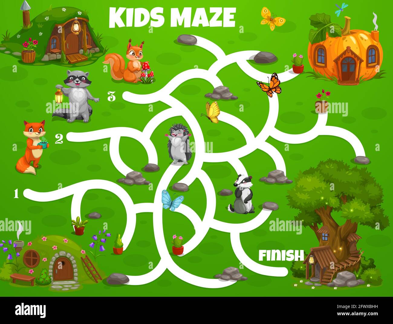 kids labyrinth maze game fairy houses and dwellings vector boardgame help forest animals find homes in forest child riddle with cute cartoon charact stock vector image art alamy